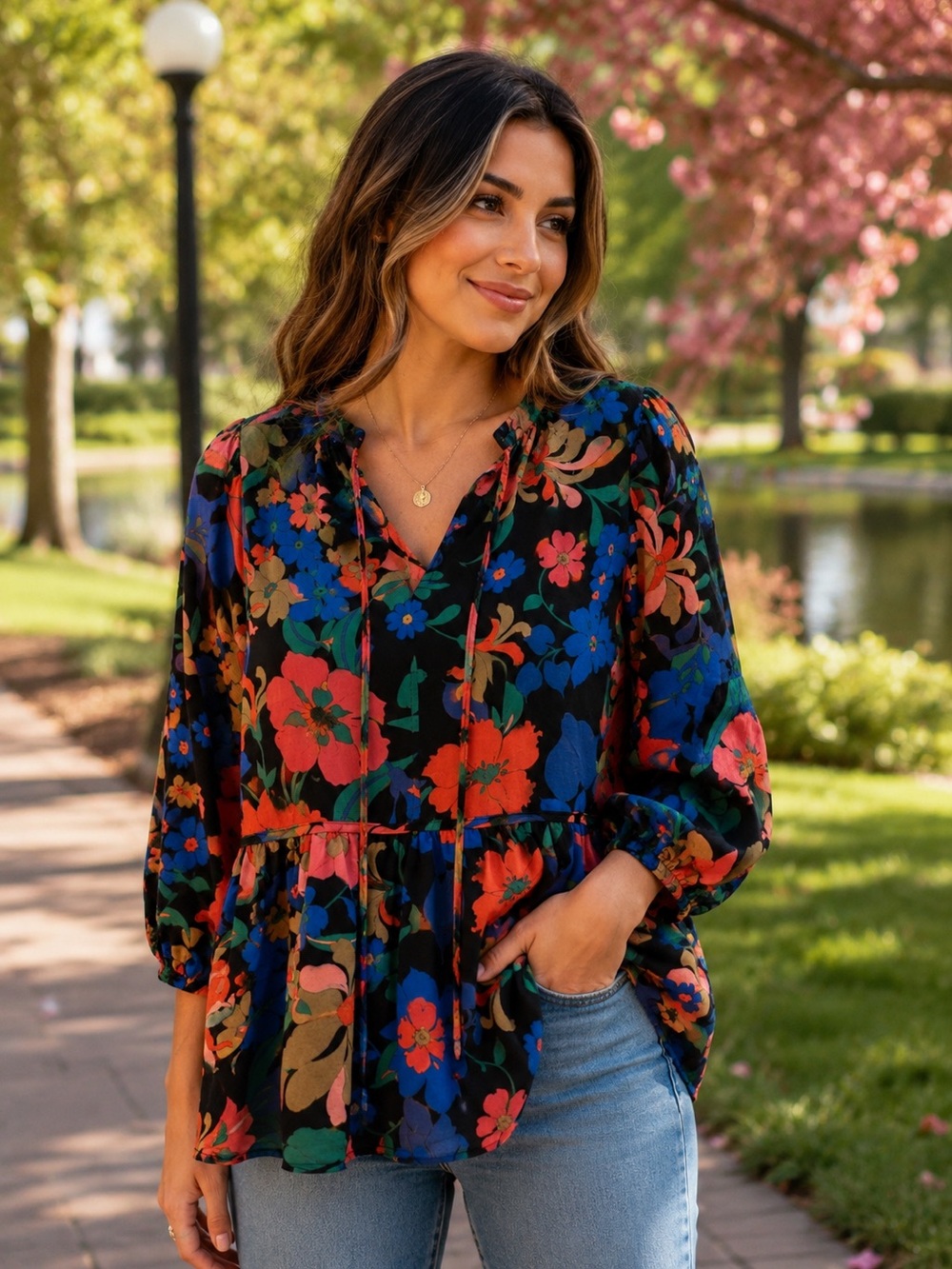 Umgee Floral Peasant Blouse - Black Multi